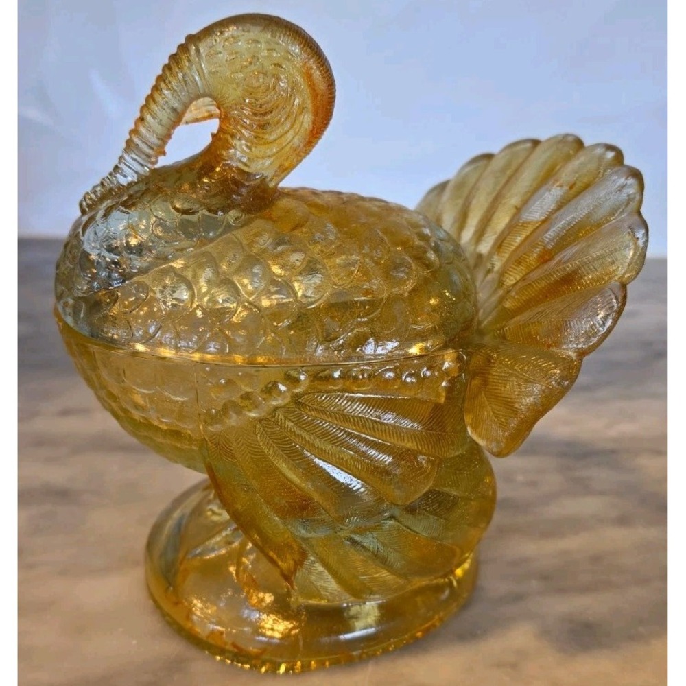 Vintage L.E. Smith "Flashed" Amber Glass Turkey Covered Candy Dish